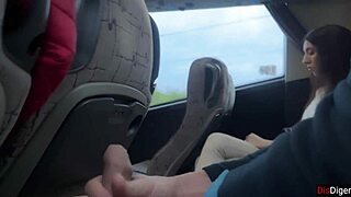 Teen brunette flashes huge cock on crowded bus, risking handjob and cum in public POV