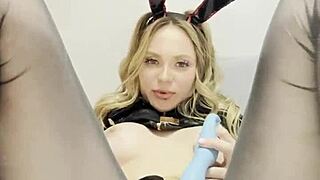cute bunny having fun with clit and labia caresses clit and labia.