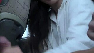 Teen brunette flashes huge cock on crowded bus, risking handjob and cum in public POV