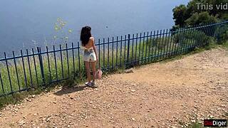 Public dick flashing girl helps cum in mountains