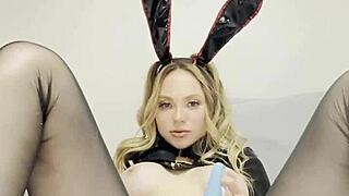 cute bunny having fun with clit and labia caresses clit and labia.