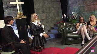 super hot blonde and brunette girls starting a deepthroat orgy in the church?