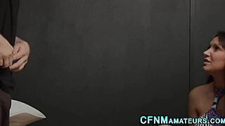 Glamorous amateur babe in heels gives handjob to naked guy in high definition