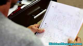 Blindfolded babe gets spoon fucked by masseur