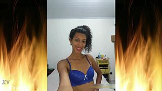 beautiful brunette amateur housewife flashes in blue lingerie at home