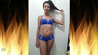 beautiful brunette amateur housewife flashes in blue lingerie at home