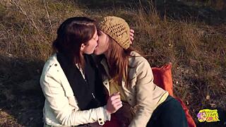 A Couple Of Brunettes Have Wild Lesbian Sex With Strapon On Hike