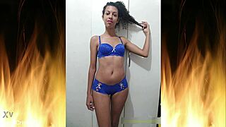 beautiful brunette amateur housewife flashes in blue lingerie at home