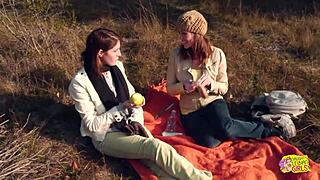 A Couple Of Brunettes Have Wild Lesbian Sex With Strapon On Hike