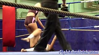 Athletic European Lesbians Battle in Boxing Ring Wrestle