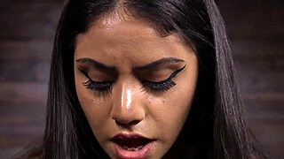 brunette fucks machin on woodn table.