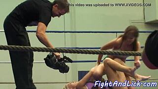 Athletic European Lesbians Battle in Boxing Ring Wrestle