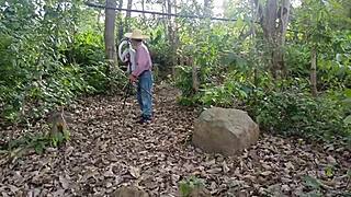 Dirty old man fucks his busty stepdaughter in the jungle