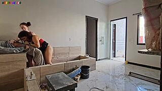 Construction worker receives visit from patroas, enjoys blowjob and anal.