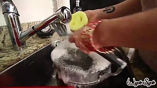 sara jay feels deep pleasure inserting glass dildo in kitchen