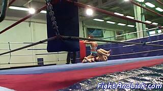 Athletic European Lesbians Battle in Boxing Ring Wrestle