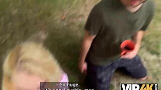 Tattooed blonde Greta Foss fucks hunter in the forest for salvation