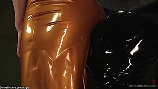 Busty femdom pegging man in suspension. Intense strapon action!