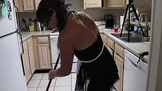 Petite milf slave gets double penetration in the kitchen
