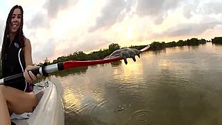 A woman flashes her tits on a boat in this public outdoor adventure