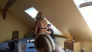 Detailed big dick blowjob threesome party featuring school uniform skirts, stockings, and high heels backstage.