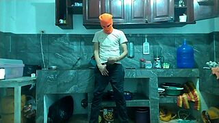 From flaccid to erect, a 25-year-old man with a big penis masturbates in the kitchen waiting for his best friend