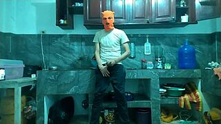 From flaccid to erect, a 25-year-old man with a big penis masturbates in the kitchen waiting for his best friend