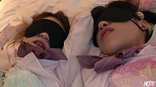 hot threeway with japanese chicks chiharu and hikari, hairy pussies and creampies.