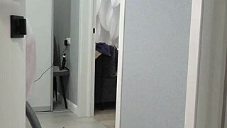 Watch this chubby milf housewife's thick ass and big boobs under her short robe behind the scenes?