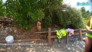 blonde with natural tits masturbates outdoors at construction site