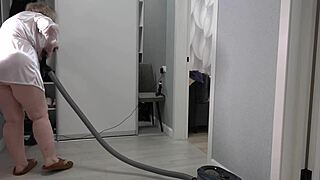 Watch this chubby milf housewife's thick ass and big boobs under her short robe behind the scenes?