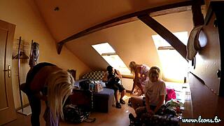 Detailed big dick blowjob threesome party featuring school uniform skirts, stockings, and high heels backstage.