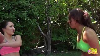 this cute brunette is moaning loud as her friend licks her hairy pussy