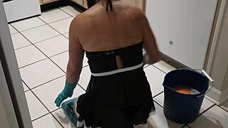 Petite milf slave gets double penetration in the kitchen