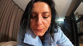 A lot of cum on my new sky blue down jacket and white pantyhose for my impotent husband