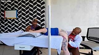 The doctor passionately fucks the patient right next to her unaware husband