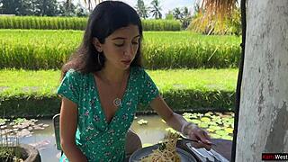 this babe does a public cumwalk in the cafe, eating pasta carbonara with sperm all over her face