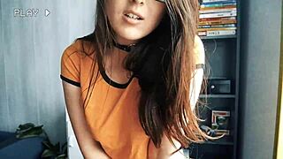 brunette girlfriend encourages jerking off with big natural tits