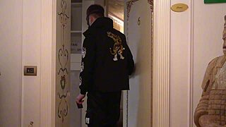 A strange guy in a mask lured into a cozy room by a teen babe. She gives him a blowjob and handjob.