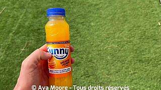 Brunette fucks pussy with bottle, sucks huge cock, drinks all cum