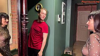 brunette mature lola feeling naughty in sheer blouse and pantyhose fucks young lover