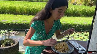 this babe does a public cumwalk in the cafe, eating pasta carbonara with sperm all over her face