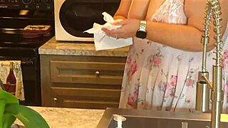 Big boobed BBW MILF maid in mini dress cleans house, showers, flashes pussy close up upskirt