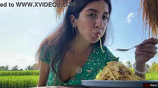 this babe does a public cumwalk in the cafe, eating pasta carbonara with sperm all over her face