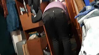 Girlfriend licks pussy while stepmom cleans closet