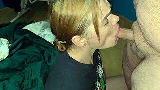 redhead babe swallows load after deepthroat face fuck