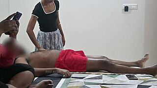 he flashes his hard cock right at the massage girl mid session