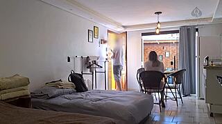 Married woman sucks husband's friend hard, legs in focus.