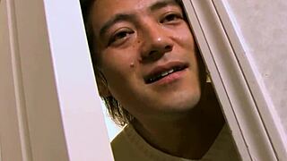 Young Japanese brunette teen grabs a thick cock to stretch her wet shaved pussy before taking full creampie load.