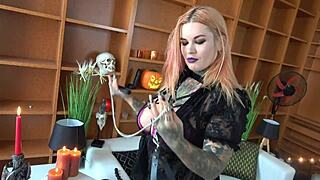Slutty witch sabien demonia piss in mouth spew on cock and licks it on the floor while getting roughly anally pounded.